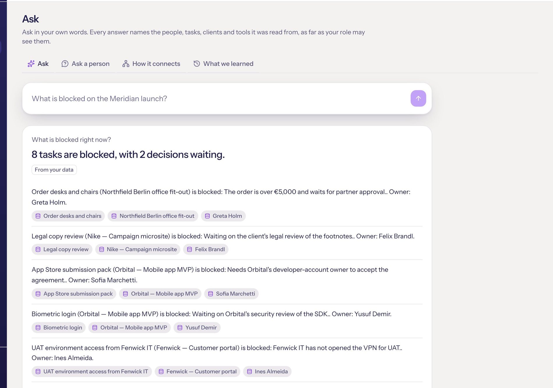 Ask: a real screen of the app